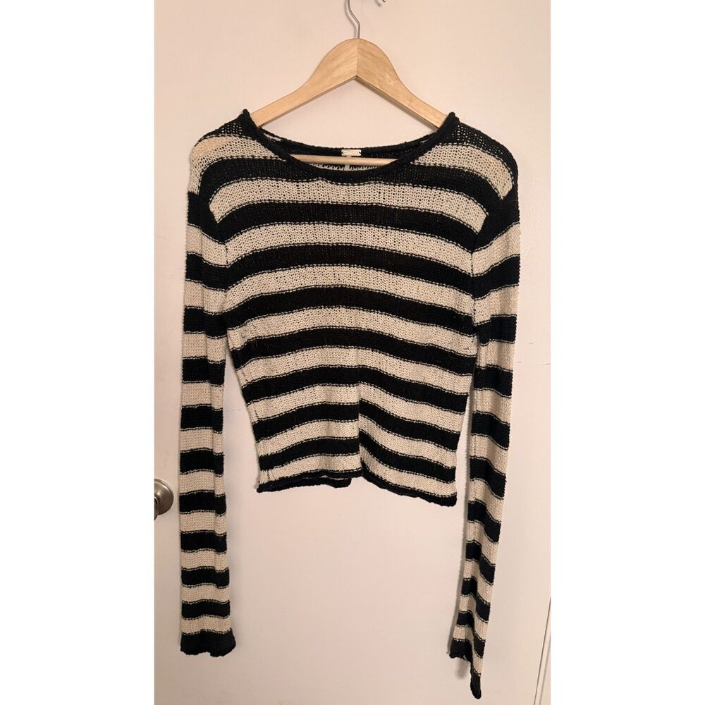 Free People FP Beach Black Cream Striped Open Knit Cropped Sweater M